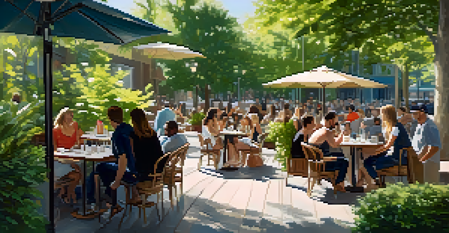 Influencers in an outdoor cafe in Charlotte, discussing and collaborating over coffee amidst greenery.