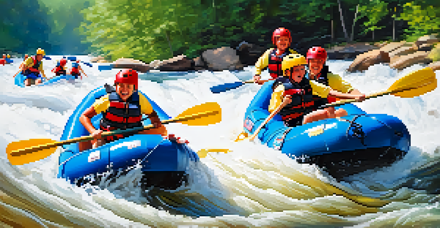 Families whitewater rafting at the US National Whitewater Center, showcasing excitement and adventure in the rapids.