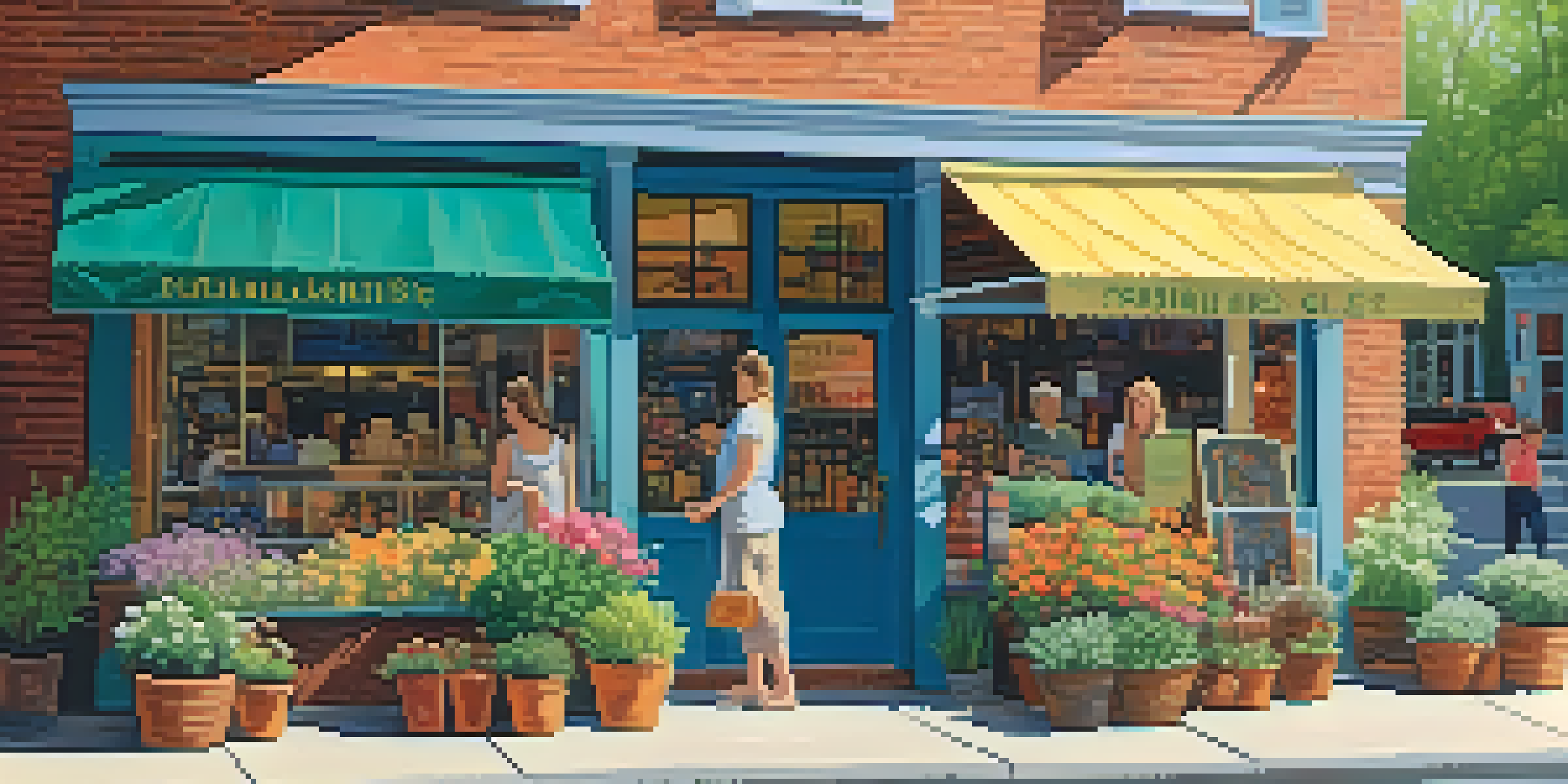 A busy family-owned shop with colorful storefronts and diverse customers interacting with friendly shop owners in sunny Charlotte.