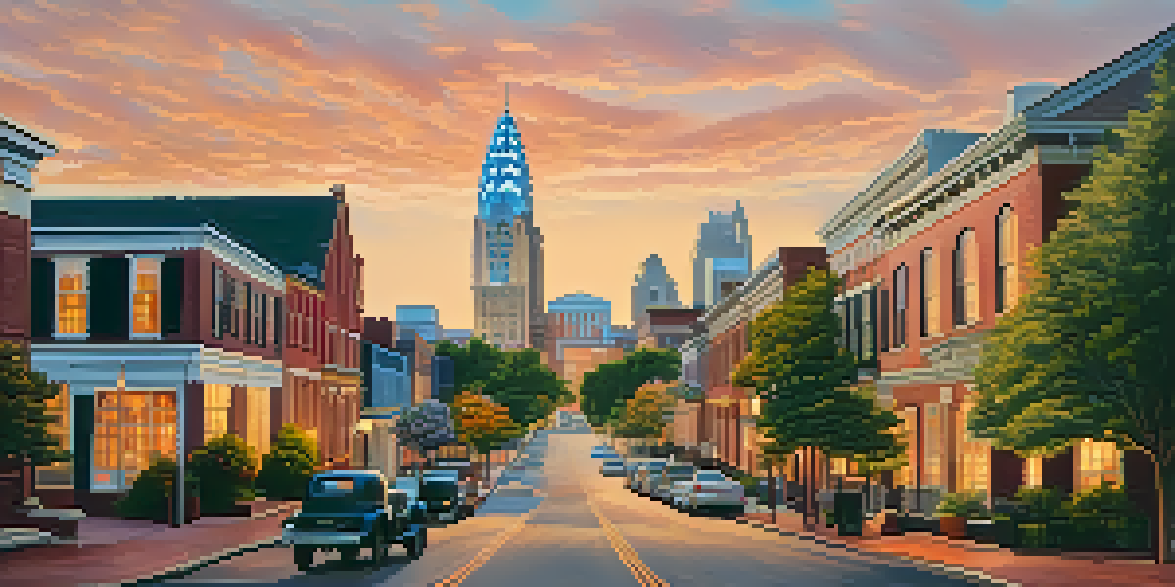 A scenic view of Charlotte's historic district at sunset, featuring restored buildings, a colorful sky, and people walking on cobblestone streets.