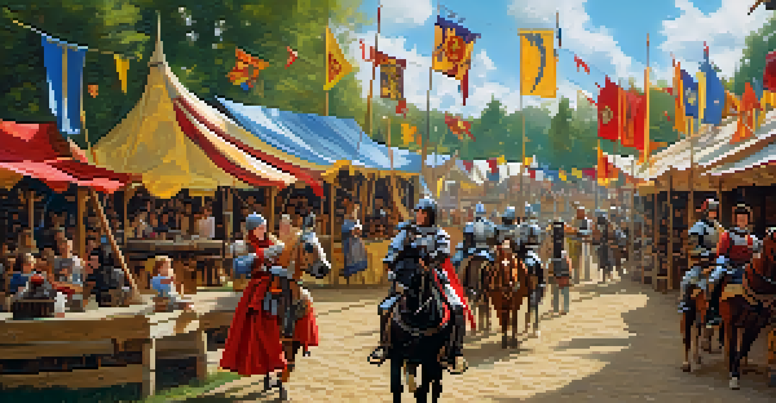 A family enjoying the Carolina Renaissance Festival with jousting performances, medieval costumes, and colorful banners in a festive atmosphere.