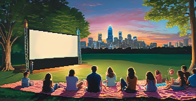 A lively outdoor movie night in a park, with a large screen showing a film, families on blankets, and the Charlotte skyline at sunset.