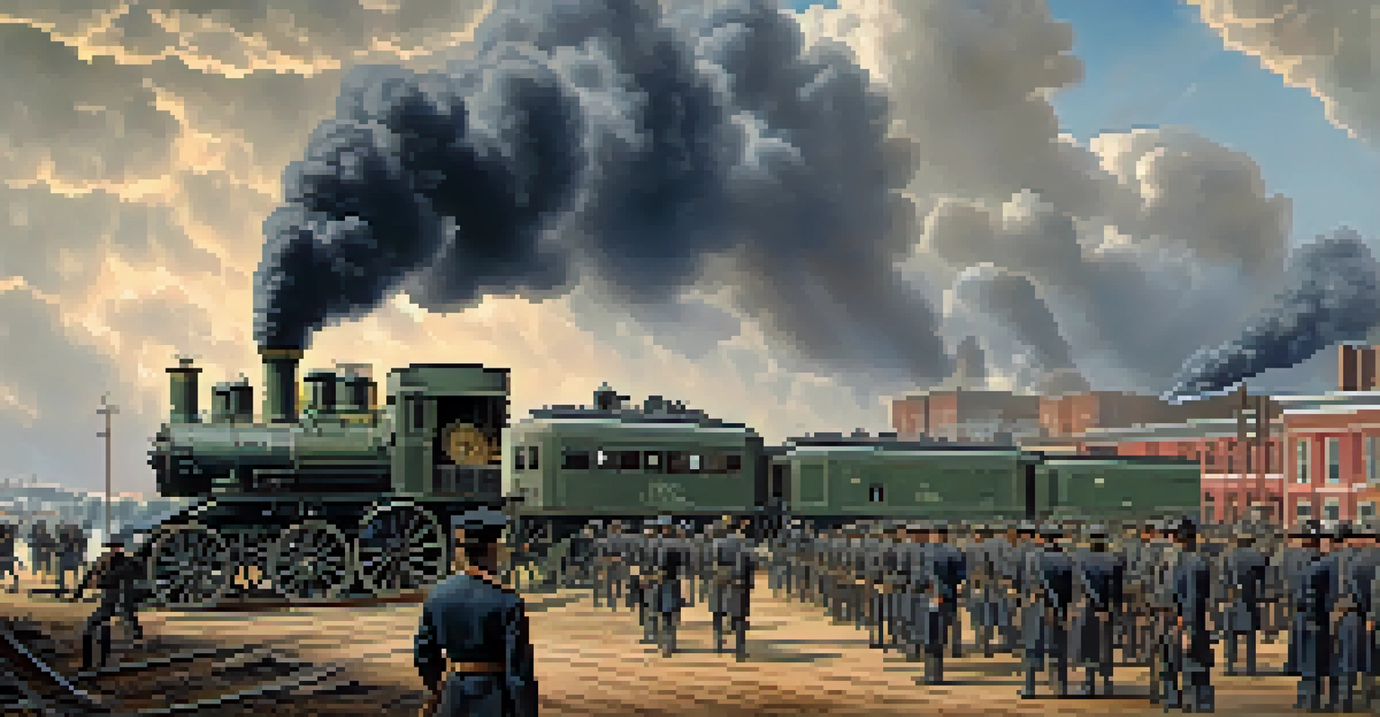 A depiction of Charlotte as a military center during the Civil War, with soldiers loading supplies onto trains and factories in the background under a dramatic sky.