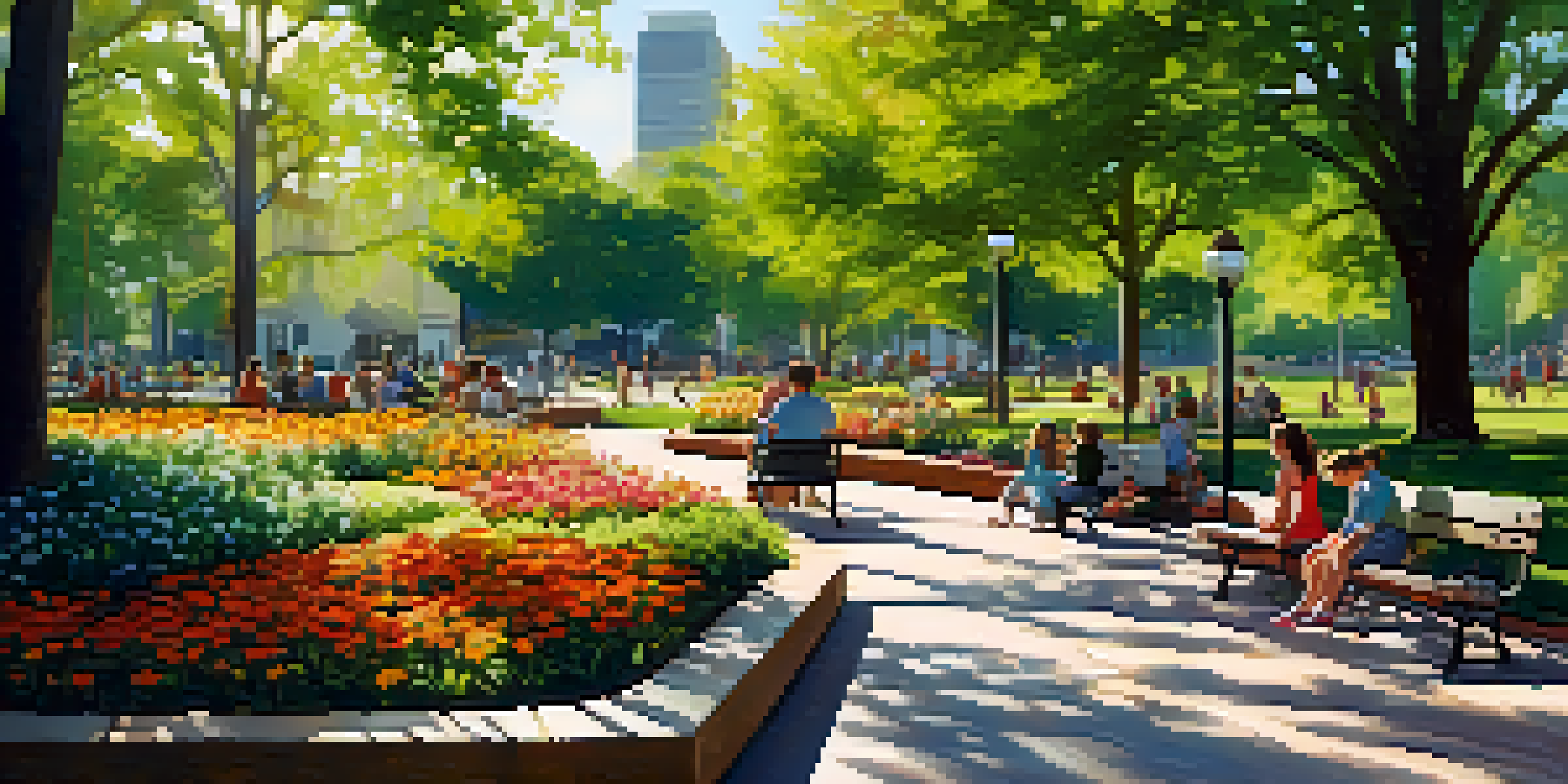 A lively city park in Charlotte filled with green trees and flowers, people sitting on benches, and children playing, with sunlight streaming through the leaves.