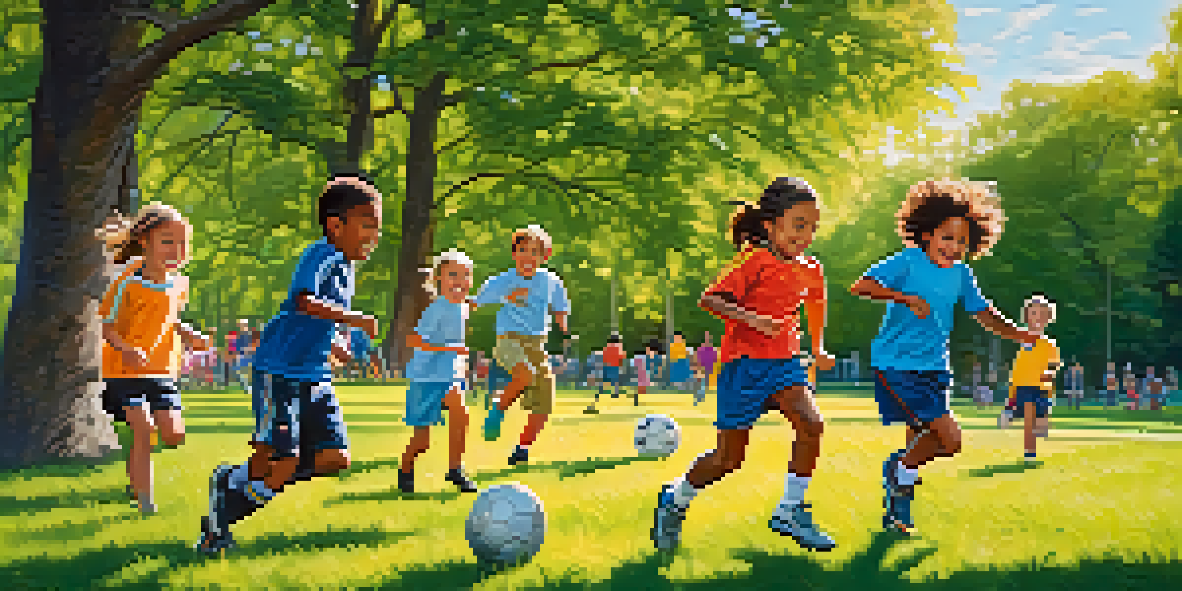 Children joyfully playing soccer in a sunny park, wearing colorful jerseys and displaying teamwork.