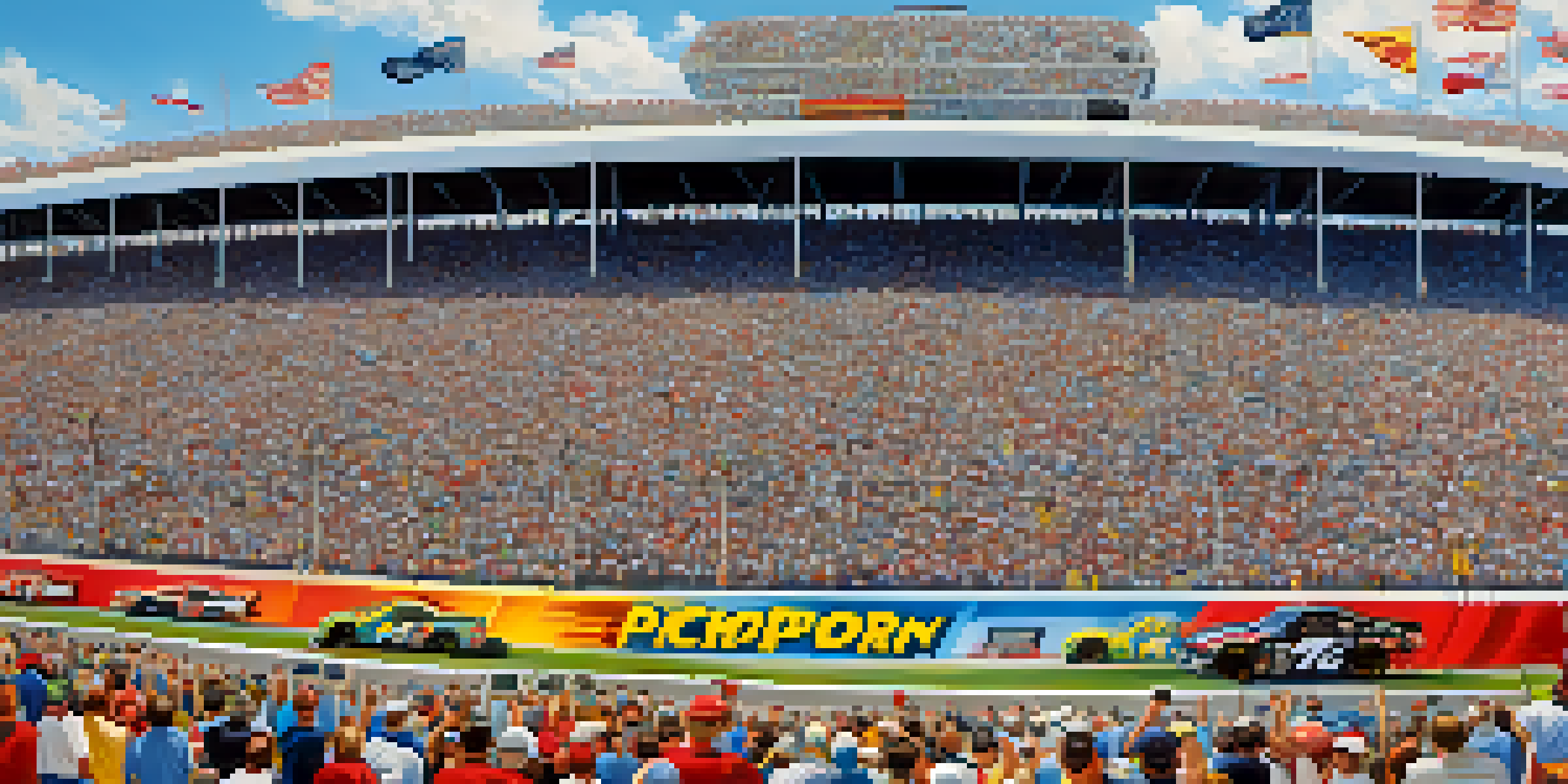 A lively NASCAR race at Charlotte Motor Speedway with enthusiastic fans in the grandstands and colorful race cars on the track.