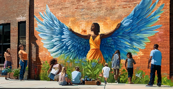 A colorful mural of wings on a brick wall in Charlotte, with people admiring it and greenery surrounding the area.
