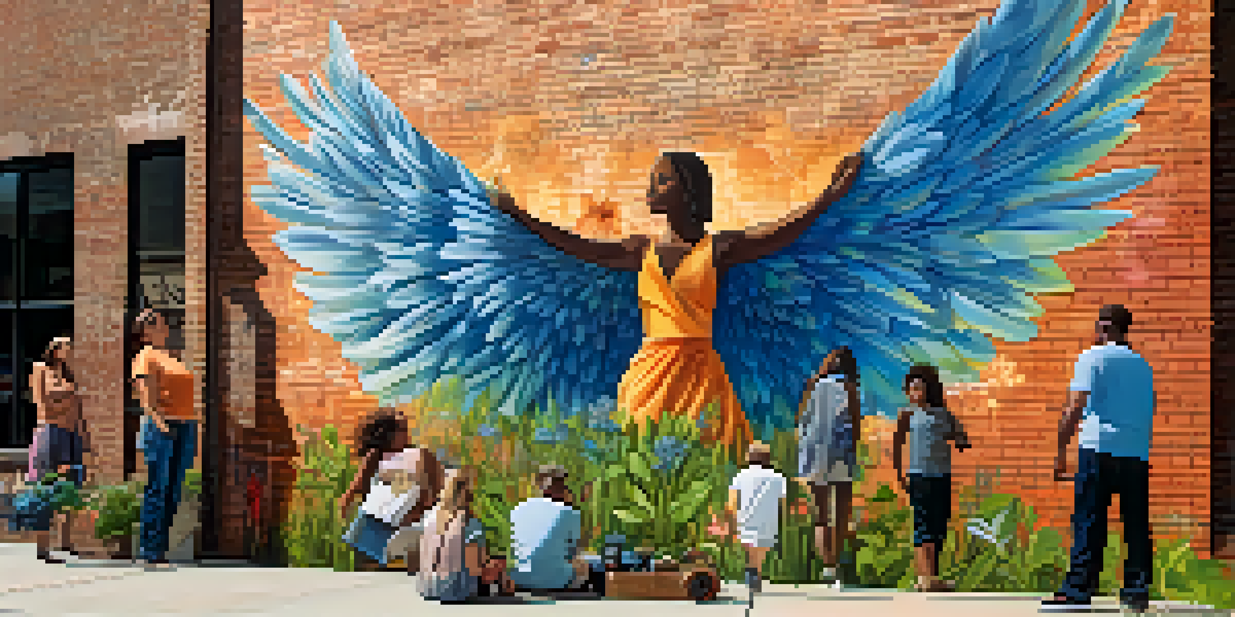 A colorful mural of wings on a brick wall in Charlotte, with people admiring it and greenery surrounding the area.
