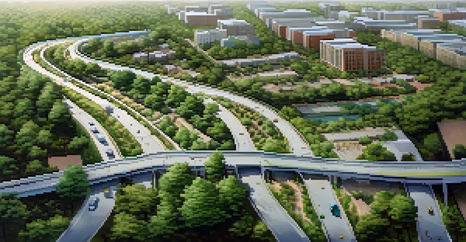 An aerial view of a wildlife corridor in Charlotte, showing a green pathway connecting fragmented habitats amidst urban development.