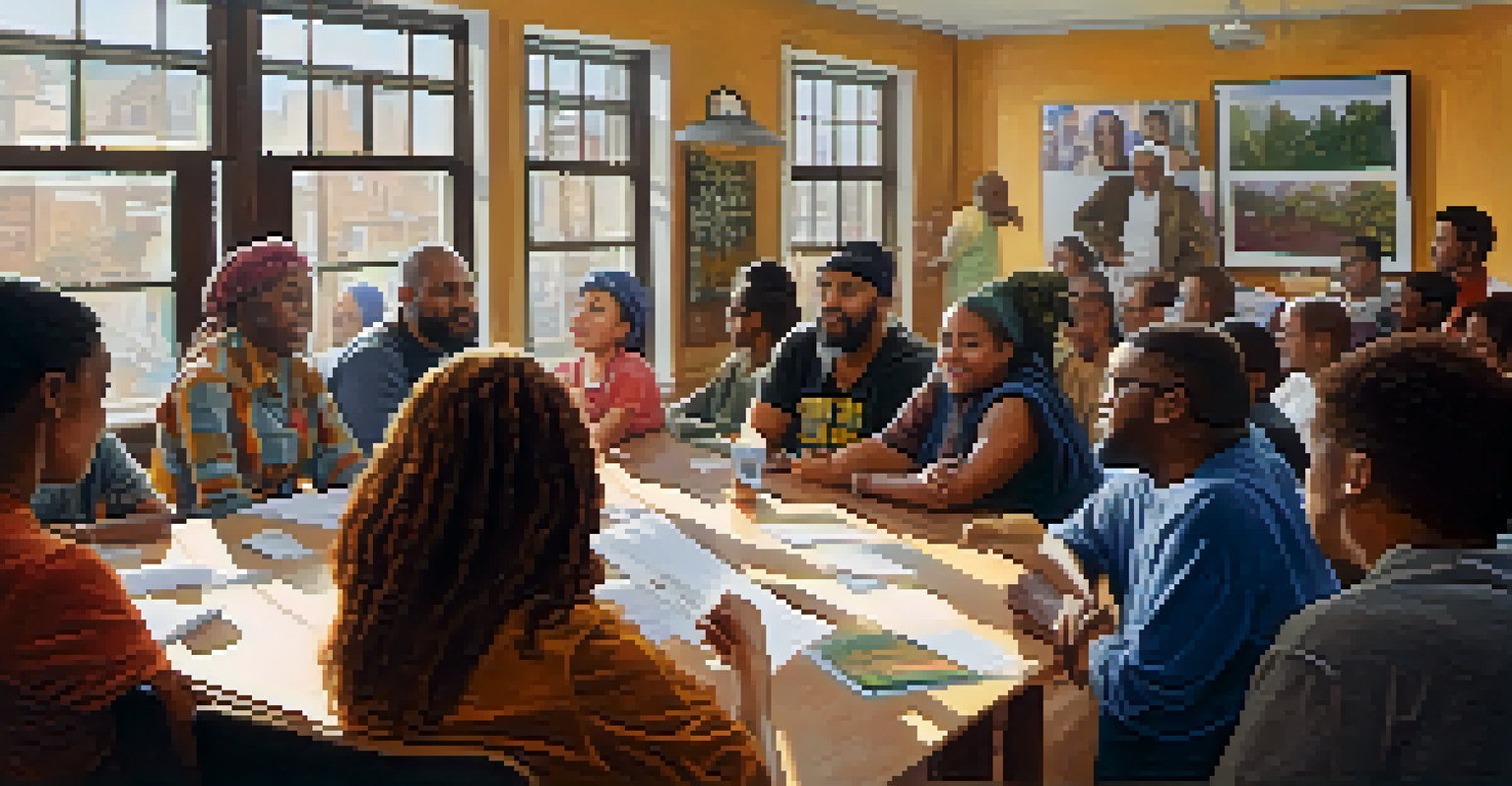 Residents participating in a community meeting at a neighborhood center, discussing gentrification with posters in the background and natural light illuminating the room.