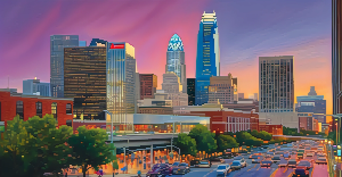 A colorful sunset over Charlotte, North Carolina, with skyscrapers in the background and people walking on the streets.