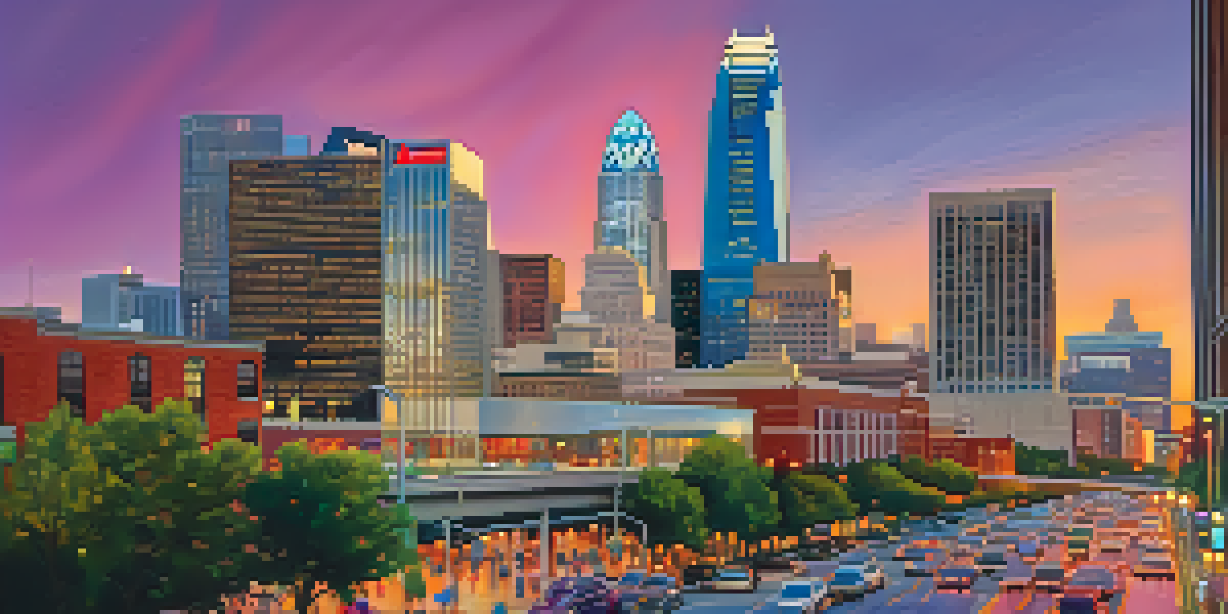 A colorful sunset over Charlotte, North Carolina, with skyscrapers in the background and people walking on the streets.