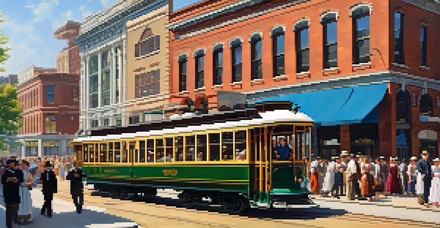 An energetic street scene featuring Edward Dilworth Latta on a streetcar, with diverse people and late 19th-century architecture.