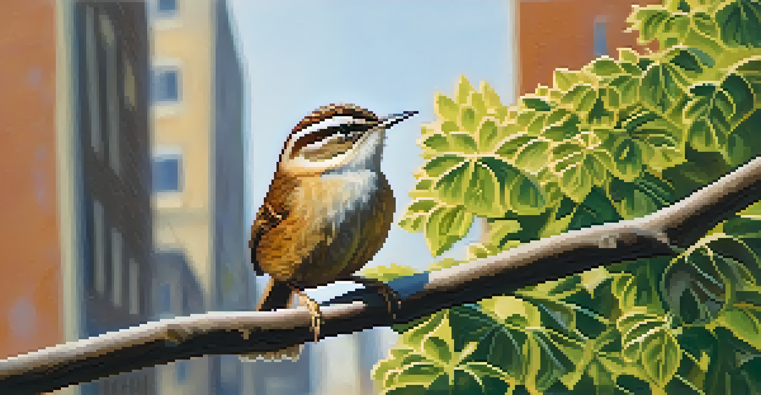 A Carolina Wren singing in a bush, with blurred urban buildings in the background, highlighting wildlife in the city.
