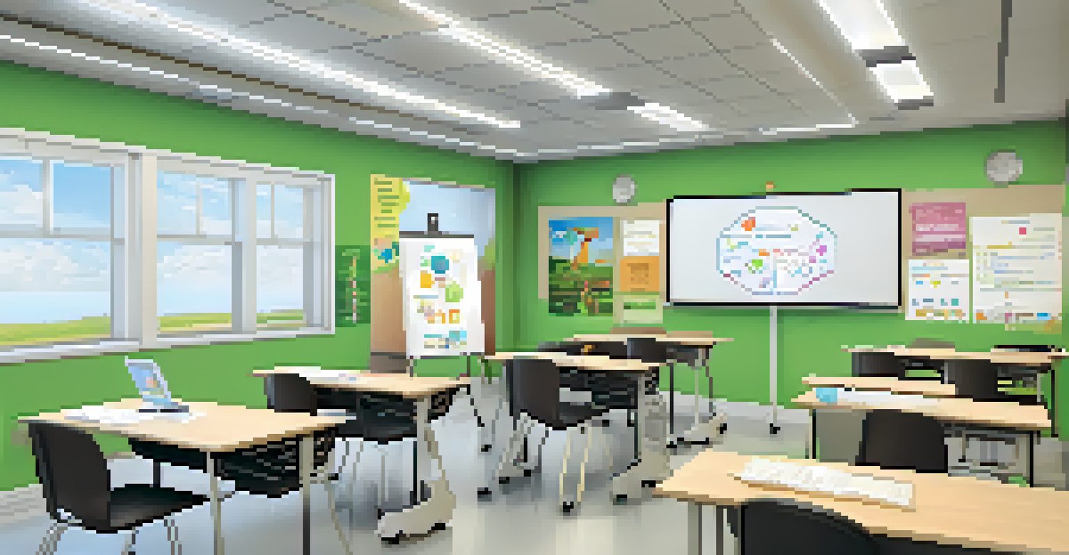 A modern classroom with students using technology and a teacher guiding them in a bright, inviting environment.