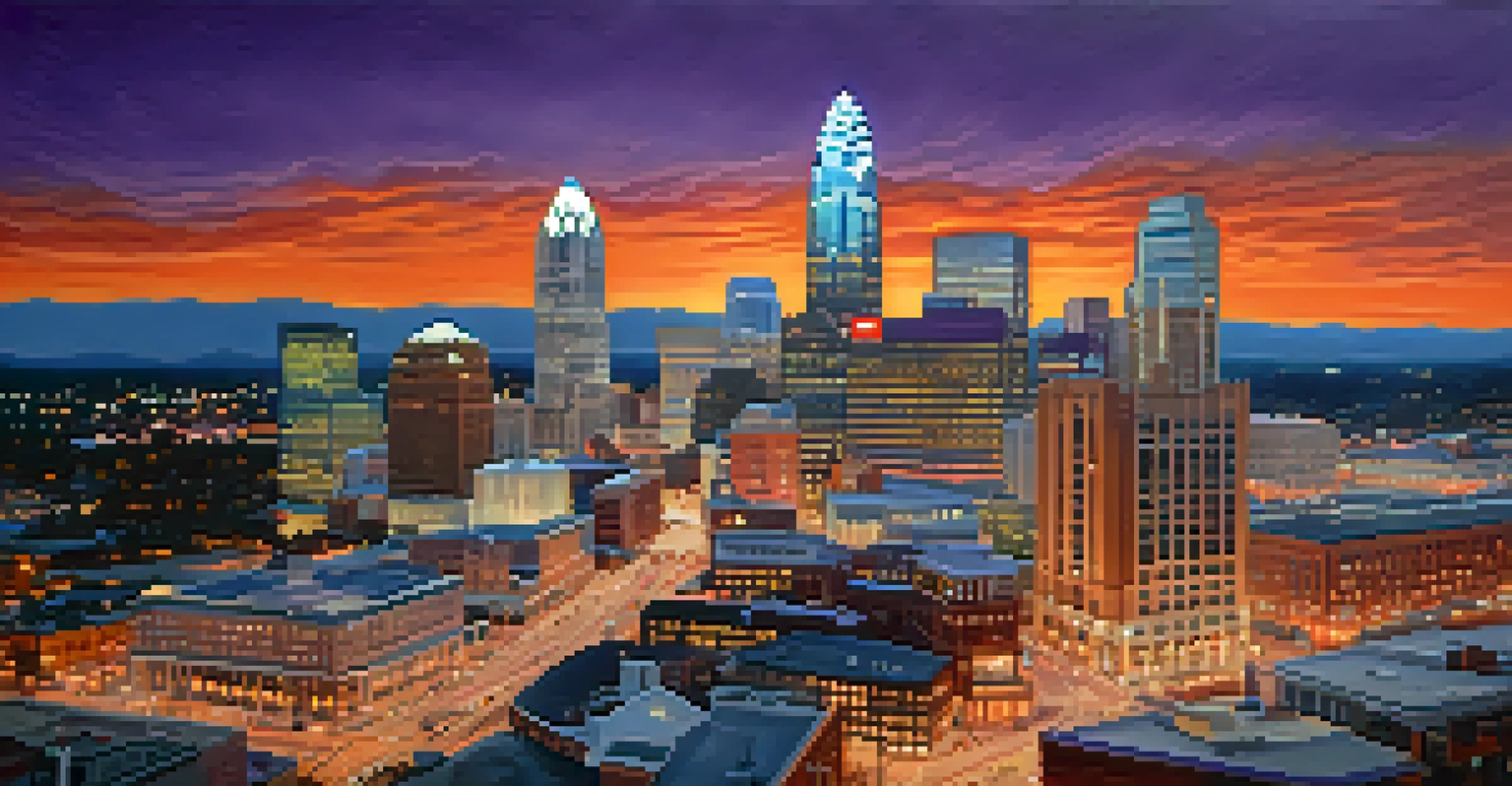 Aerial view of Charlotte at sunset showcasing the urban skyline and vibrant lights.