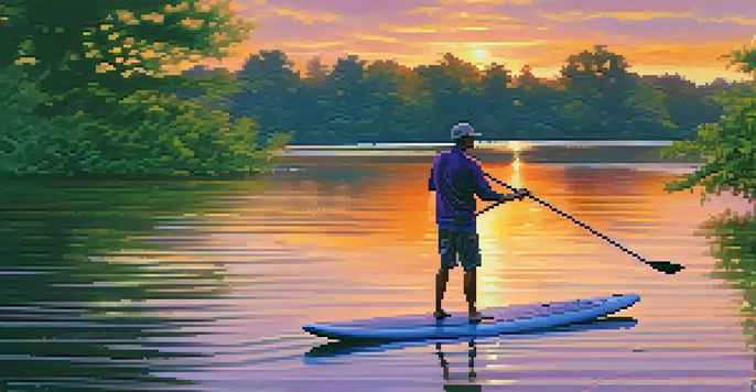 A paddleboarder on a calm lake during sunset, with lush trees and a heron in the background.