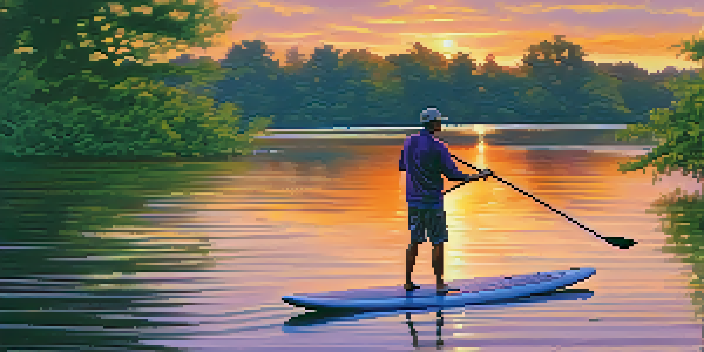 A paddleboarder on a calm lake during sunset, with lush trees and a heron in the background.