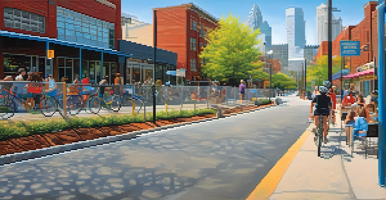 A lively urban scene on the Rail Trail with cyclists, murals, and city skyline.
