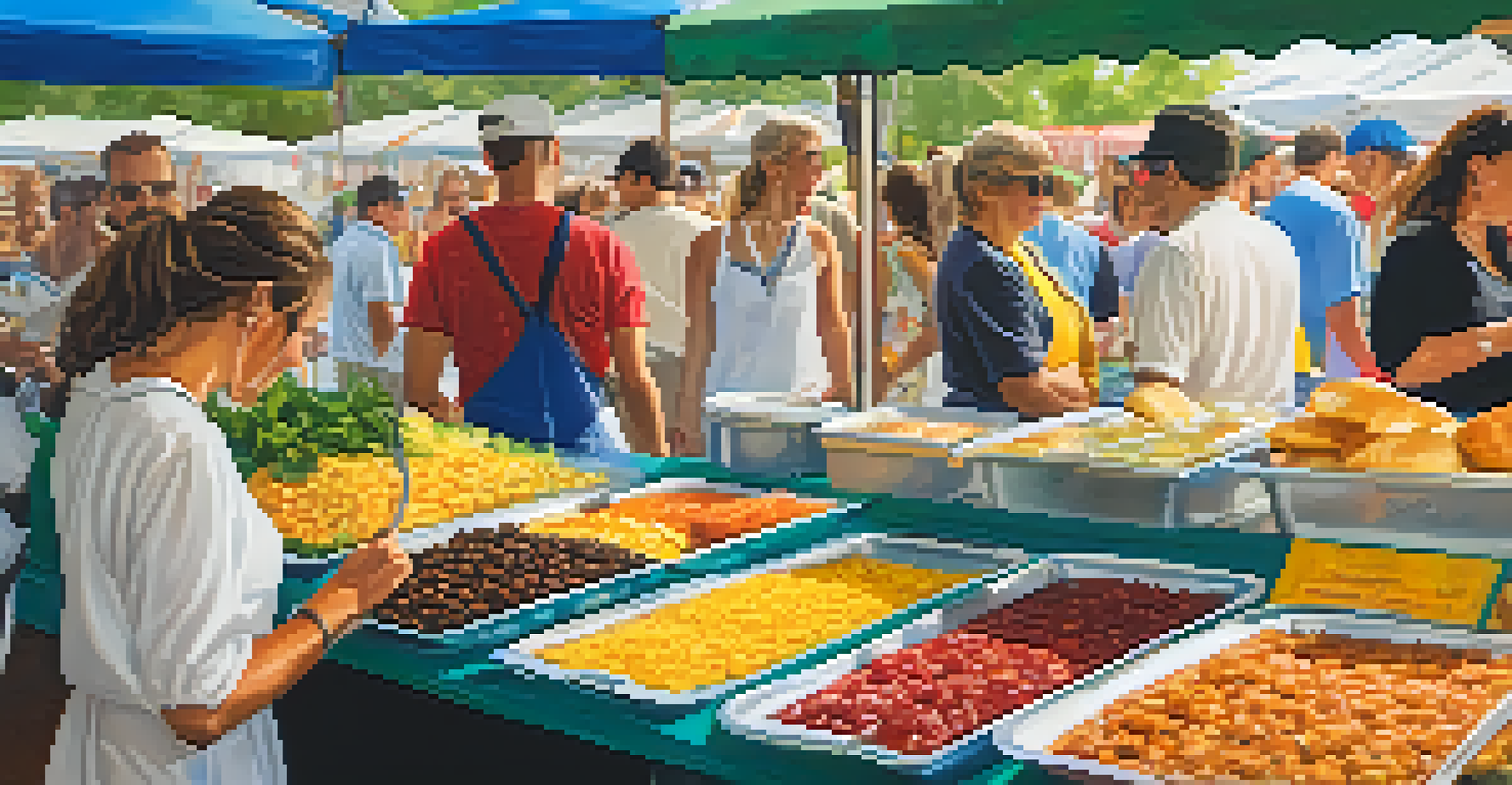 A close-up view of a food stall at the Greek Festival in Charlotte, featuring colorful traditional Greek dishes and smiling vendors serving enthusiastic visitors.