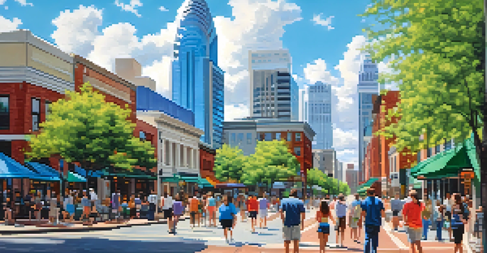 A busy street in Charlotte with modern buildings and people enjoying the outdoors.