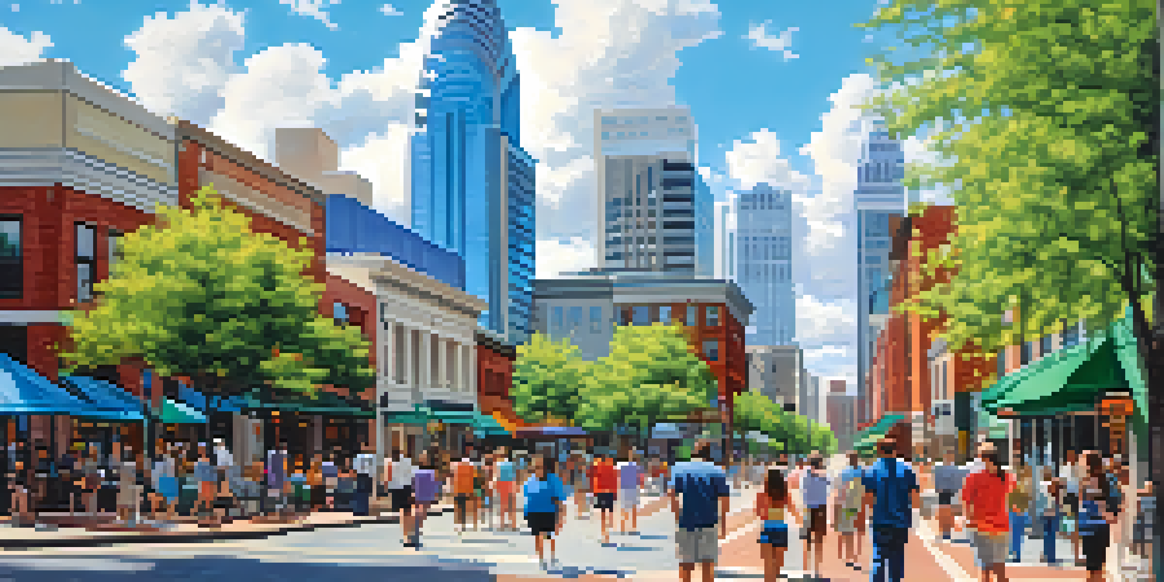 A busy street in Charlotte with modern buildings and people enjoying the outdoors.