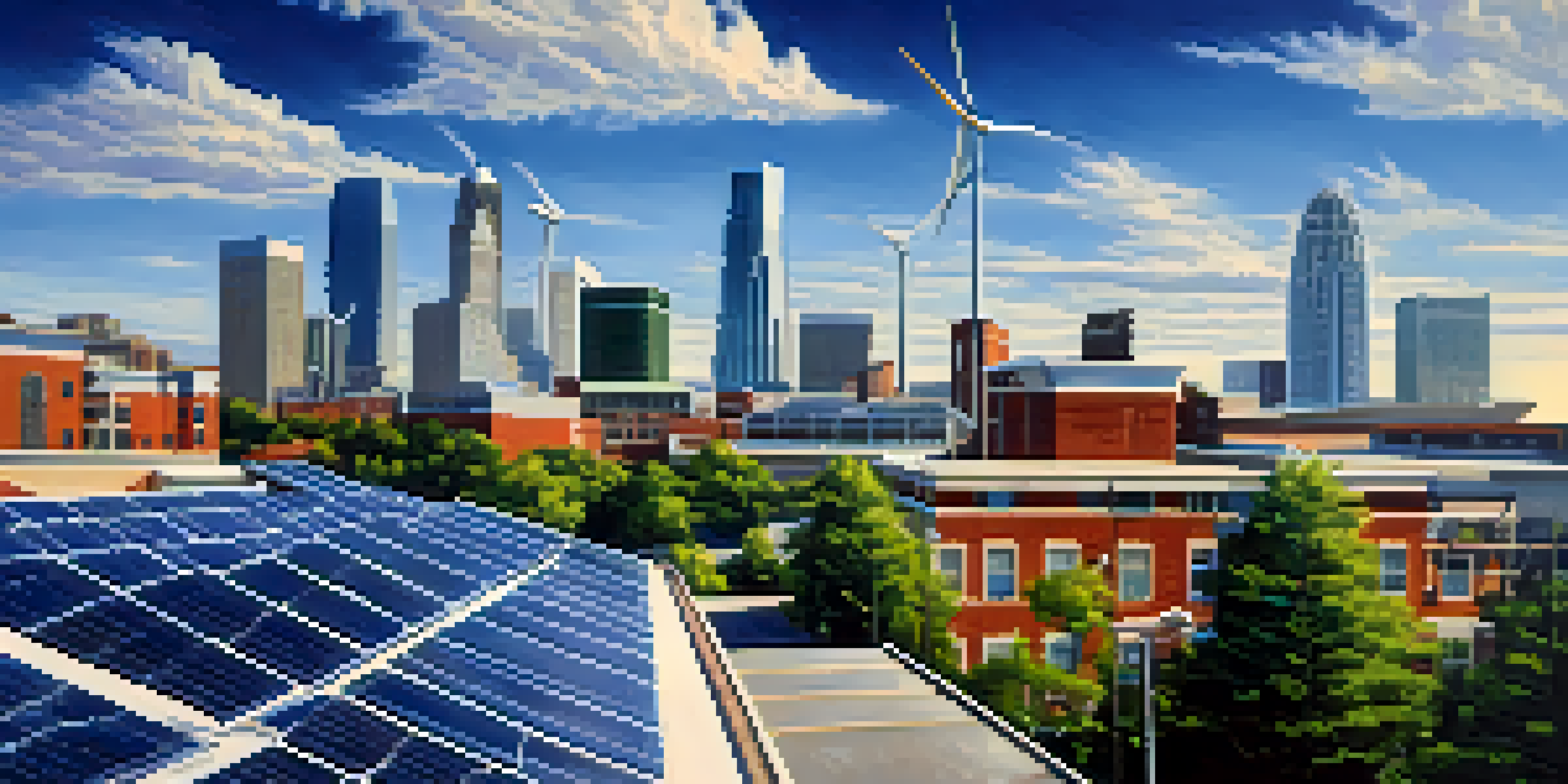 A lively cityscape of Charlotte featuring solar panels on rooftops and wind turbines in the background, representing renewable energy efforts.