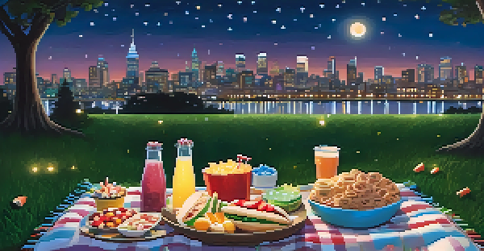 A peaceful picnic set up on a grassy area at night, with snacks and drinks on a blanket, surrounded by twinkling city lights and a starry sky.