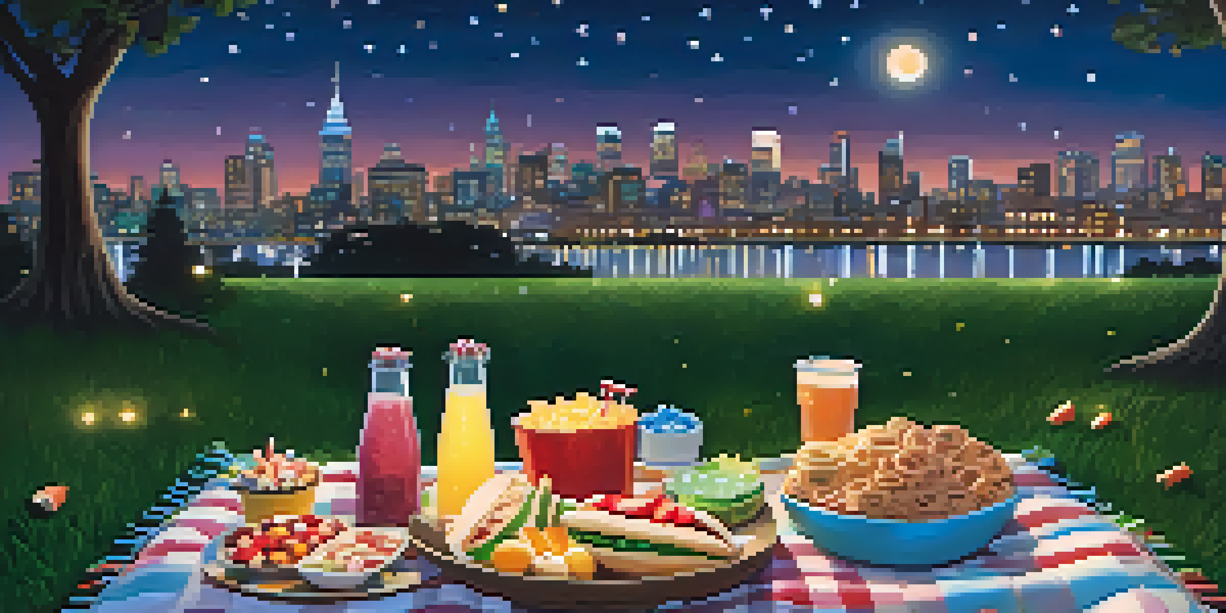 A peaceful picnic set up on a grassy area at night, with snacks and drinks on a blanket, surrounded by twinkling city lights and a starry sky.