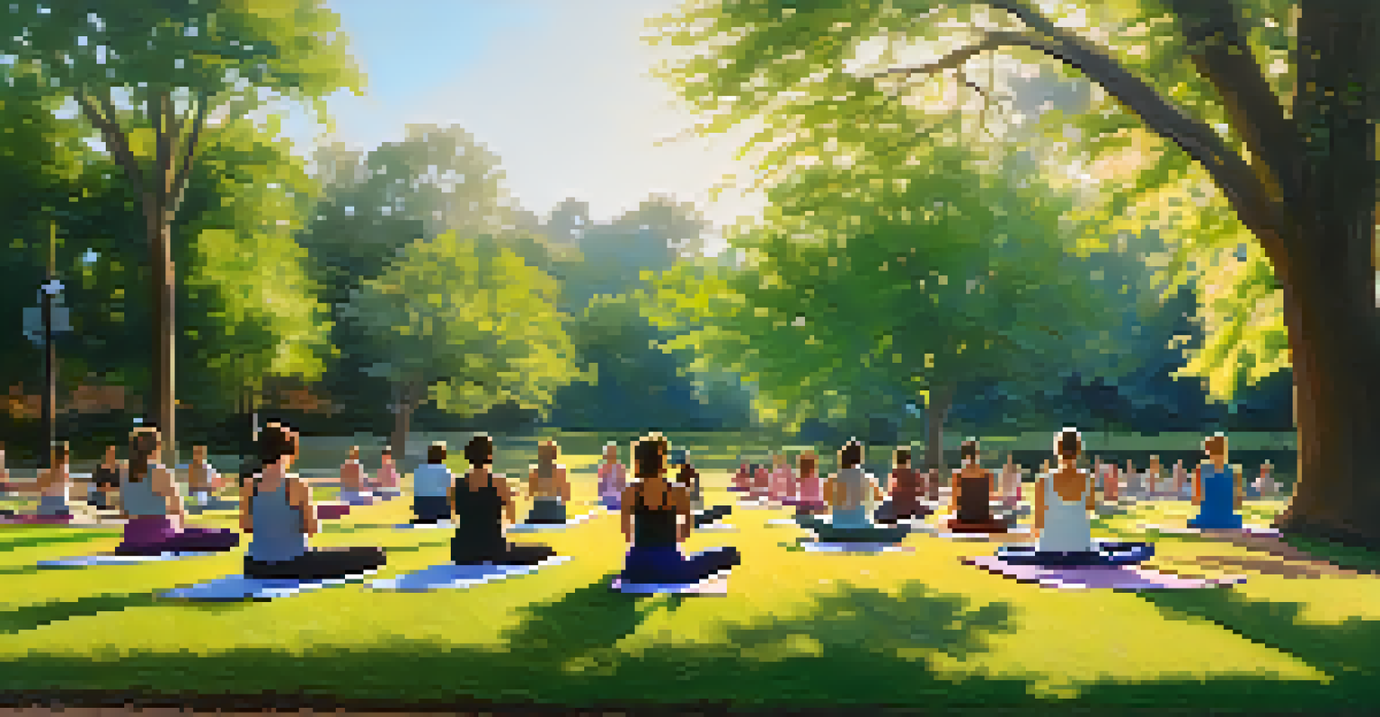 A serene morning yoga session in a Charlotte park, with participants on yoga mats surrounded by blooming flowers and trees.