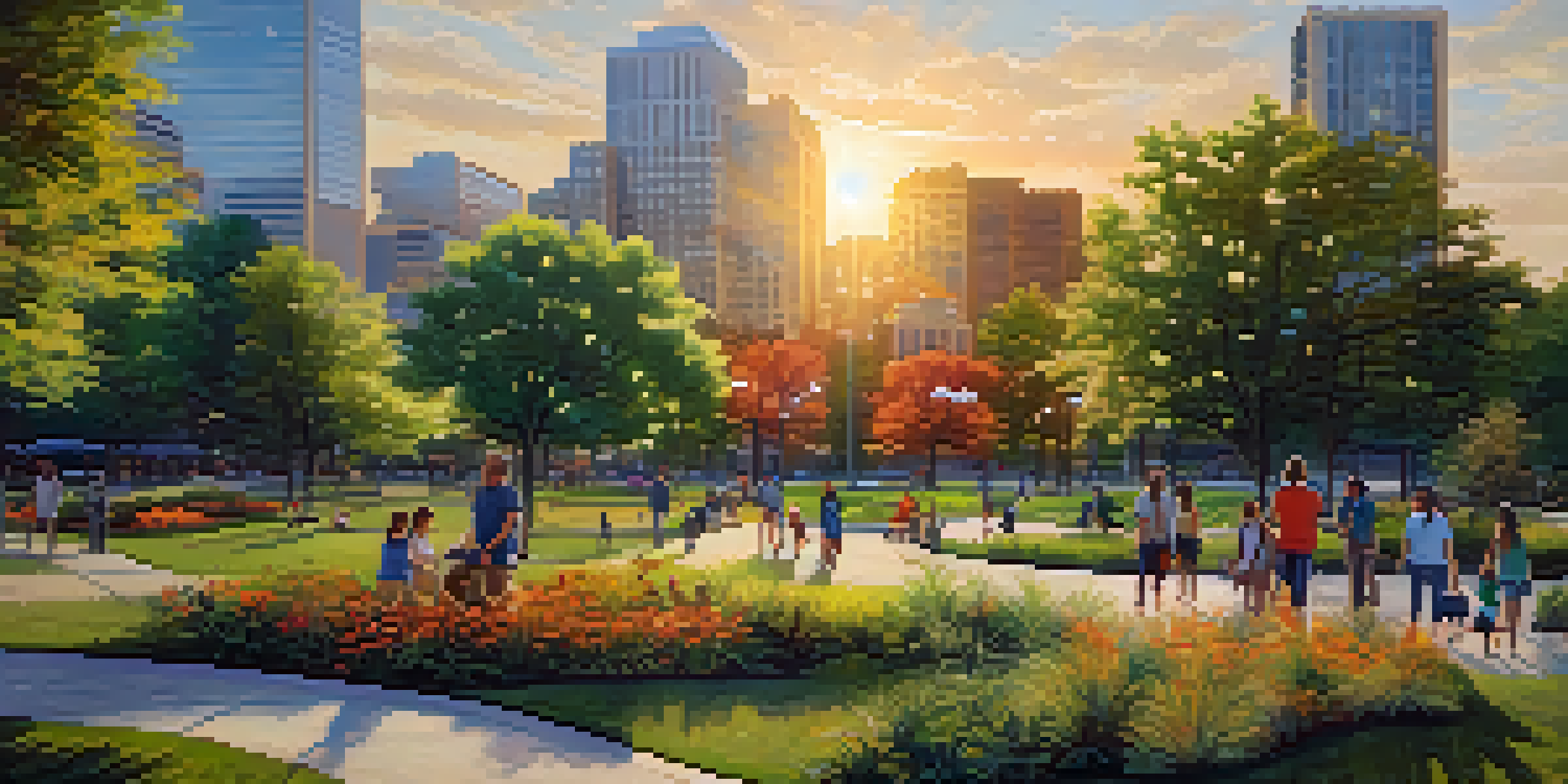 A lively urban park in Charlotte with people enjoying nature, surrounded by tall buildings under a golden sunset.