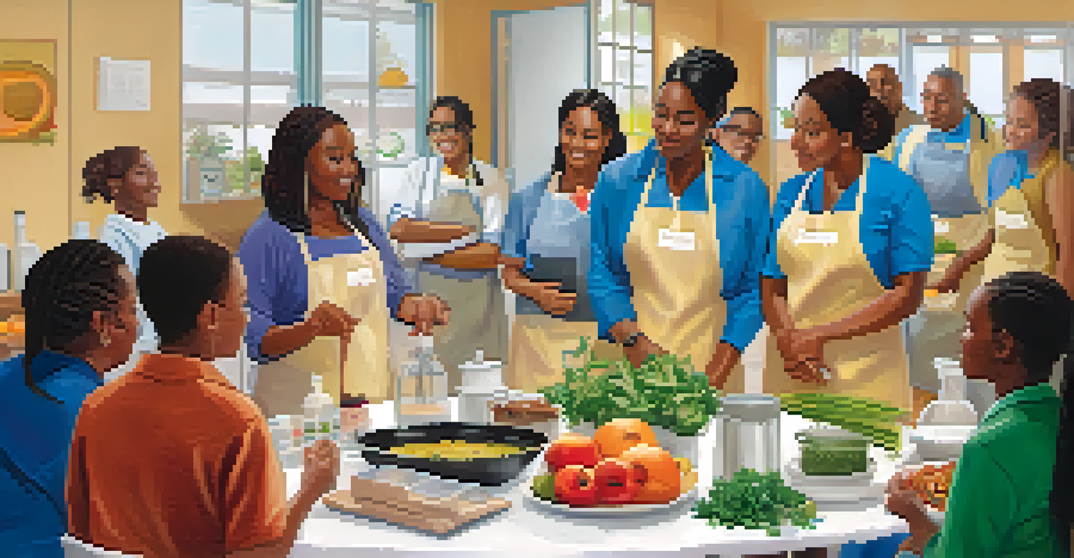 A healthcare professional teaching a cooking workshop on chronic disease management in a bright kitchen with community members.