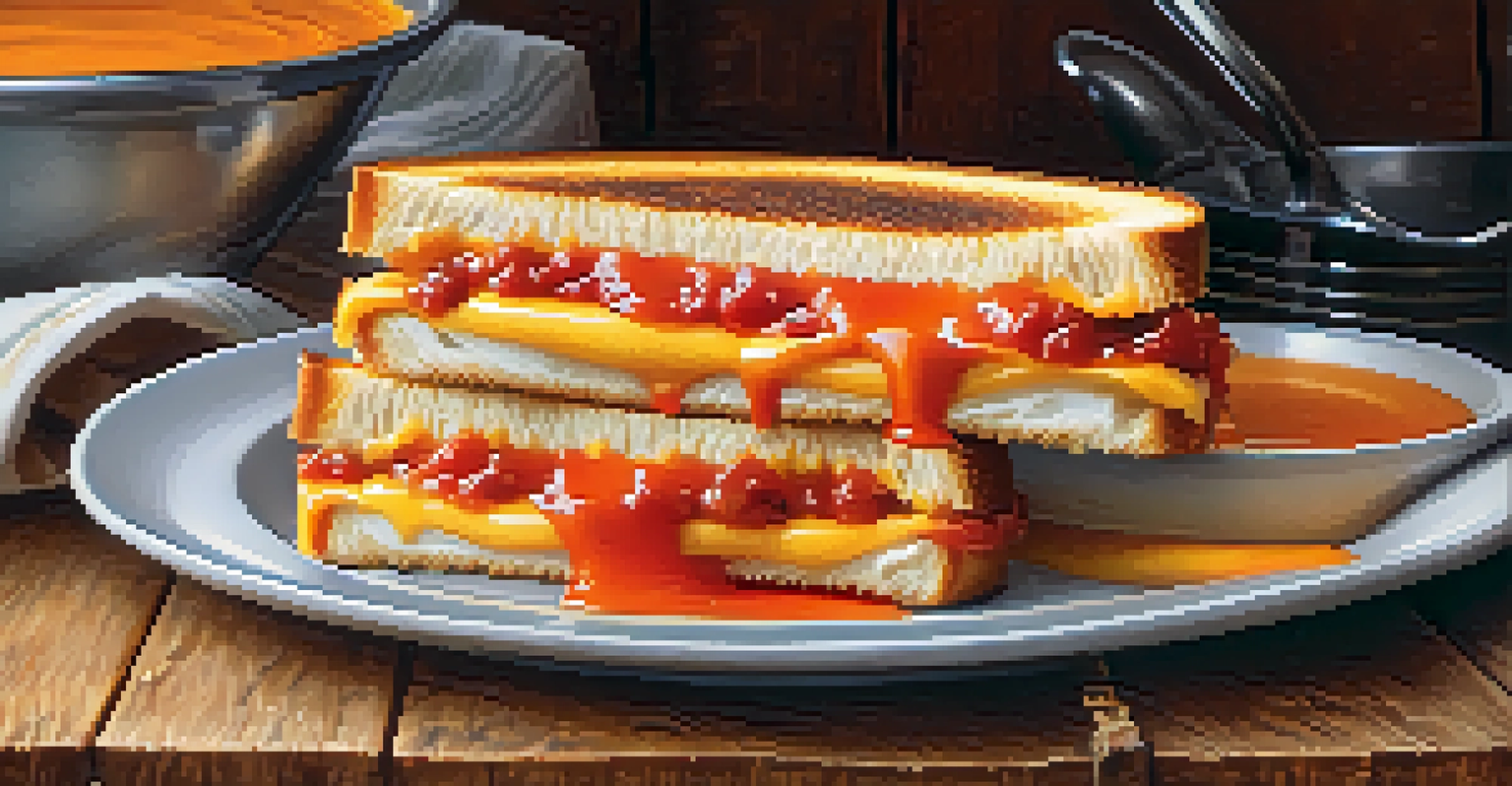A close-up of a delicious grilled cheese sandwich with melted cheese, served with a bowl of tomato soup.