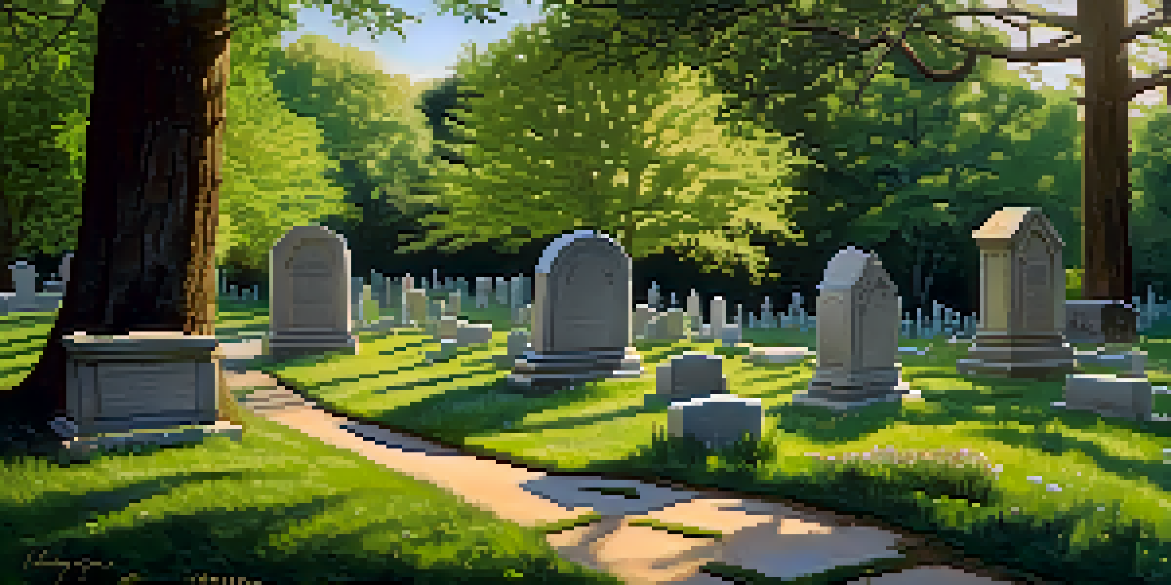 A peaceful cemetery scene with old gravestones, greenery, and sunlight filtering through trees.