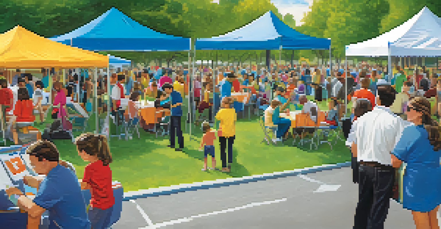A community event in a park promoting carpooling, featuring a booth with resources and people engaging in conversation under colorful banners.
