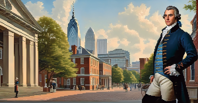 A historical portrayal of Thomas Polk in 18th-century clothing, with early Charlotte buildings and a bright sky in the background.