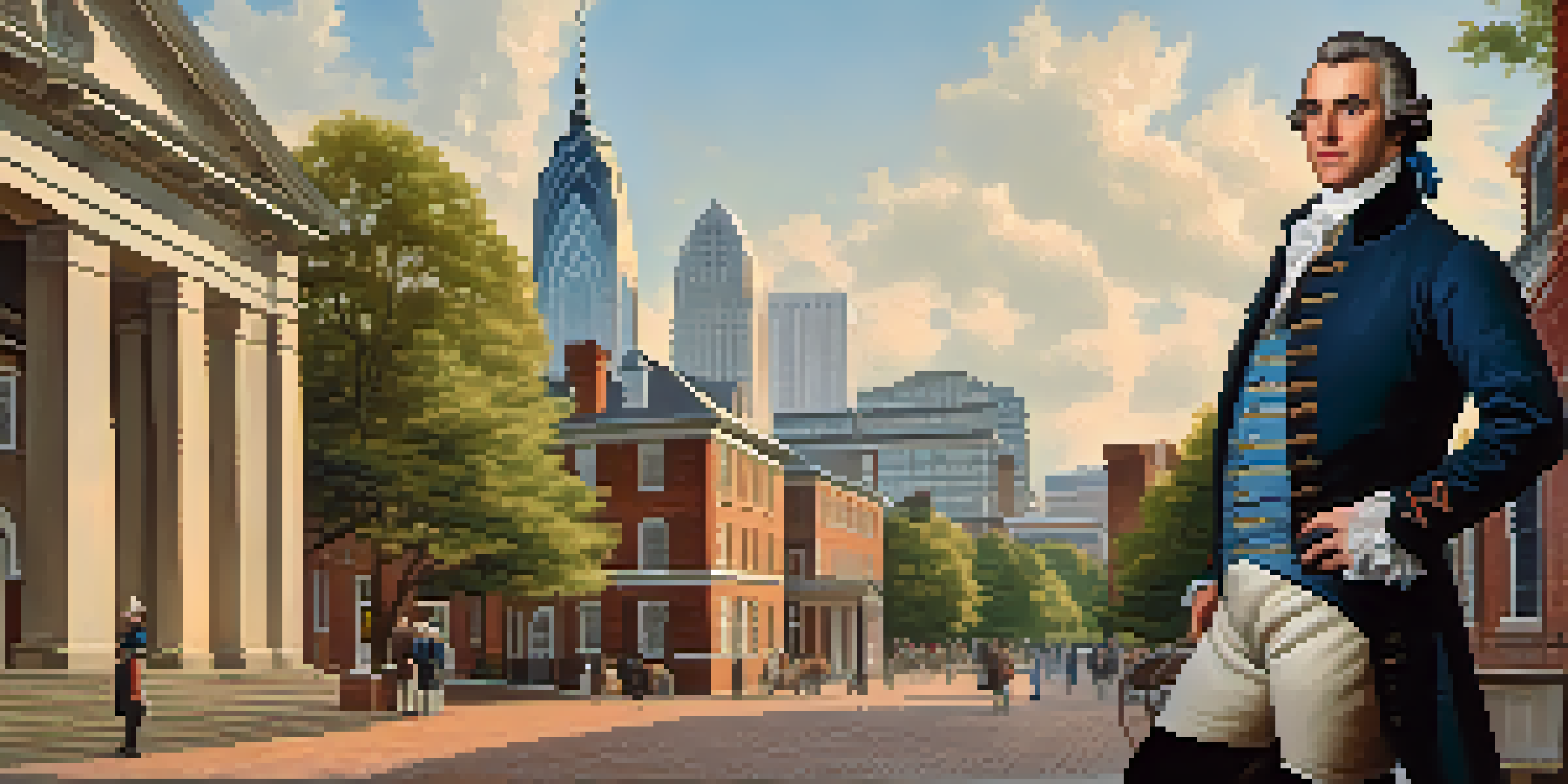 A historical portrayal of Thomas Polk in 18th-century clothing, with early Charlotte buildings and a bright sky in the background.