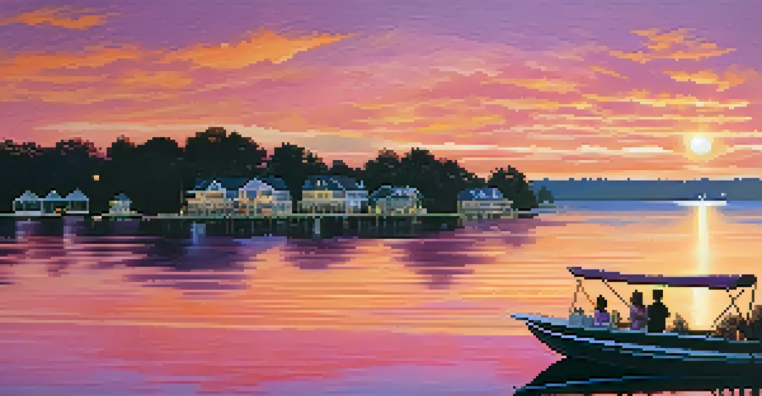 A beautiful sunset at Lake Norman with a couple on a boat and a restaurant in the foreground, reflecting vibrant colors on the water.