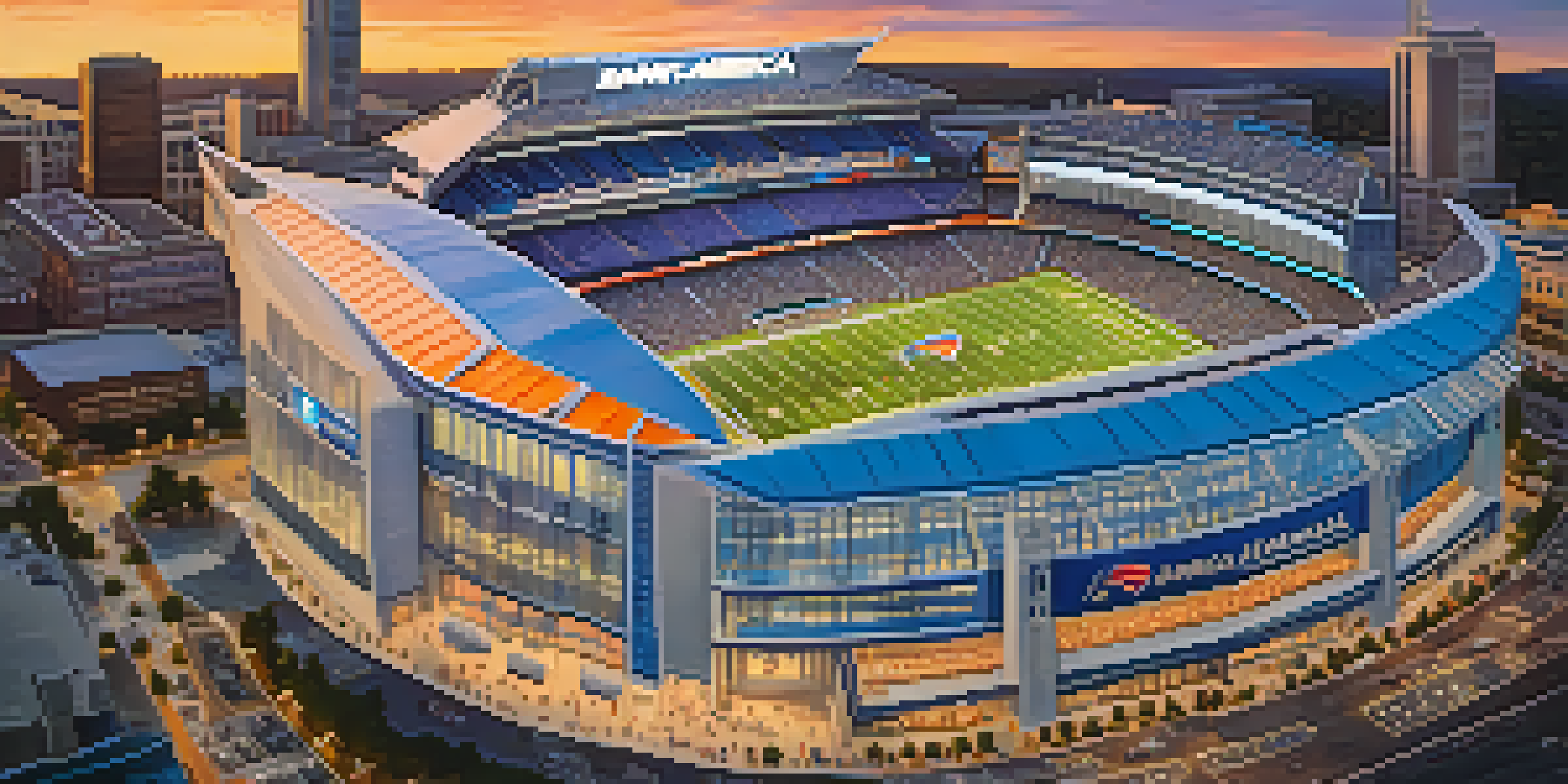 Aerial view of Bank of America Stadium at sunset, with its blue glass exterior and fans arriving for a game.