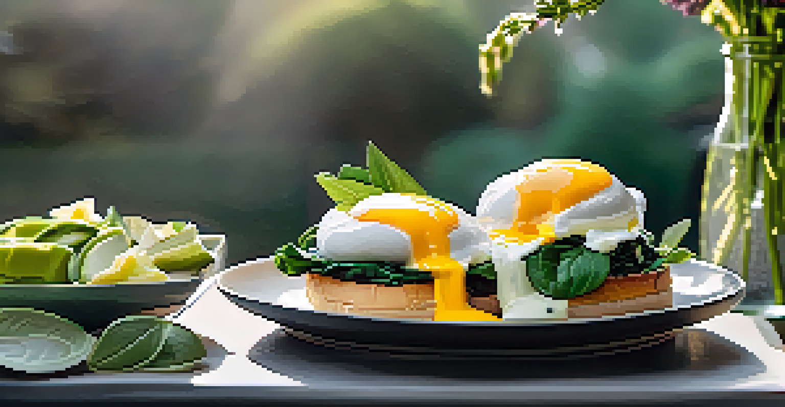 A vegetarian benedict dish with poached eggs, spinach, and avocado drizzled with hollandaise sauce on a brunch table, decorated with fresh herbs and flowers.