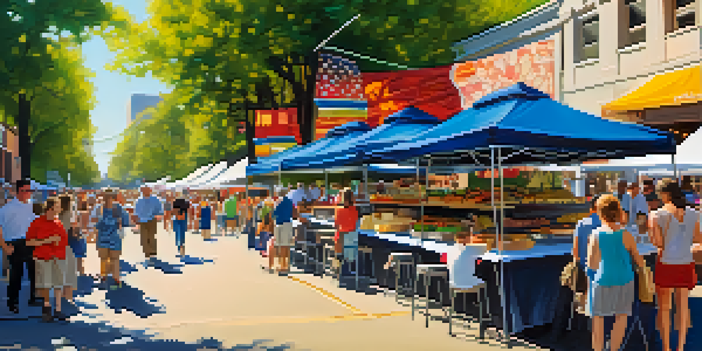 A lively street scene at the Taste of Charlotte Festival featuring food stalls, happy crowds, and musicians, illuminated by bright sunlight.