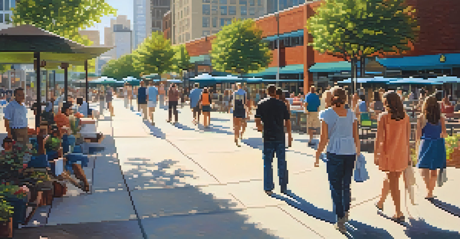 A lively pedestrian plaza in Charlotte with people walking and sitting, surrounded by art and greenery.