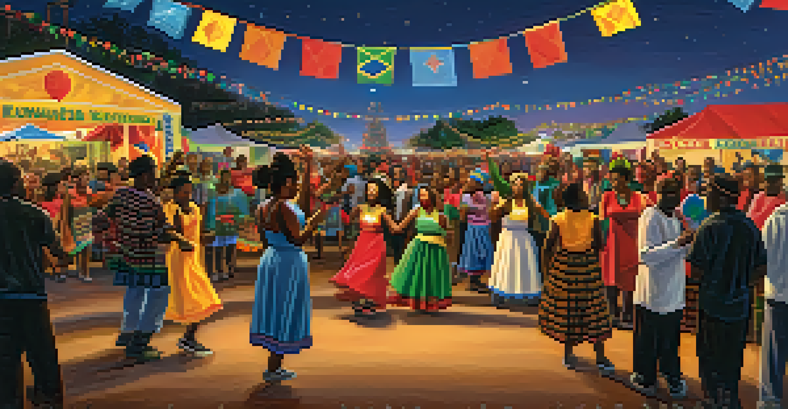 A vibrant Kwanzaa festival with musicians on stage and a crowd dancing in celebration under a twilight sky.