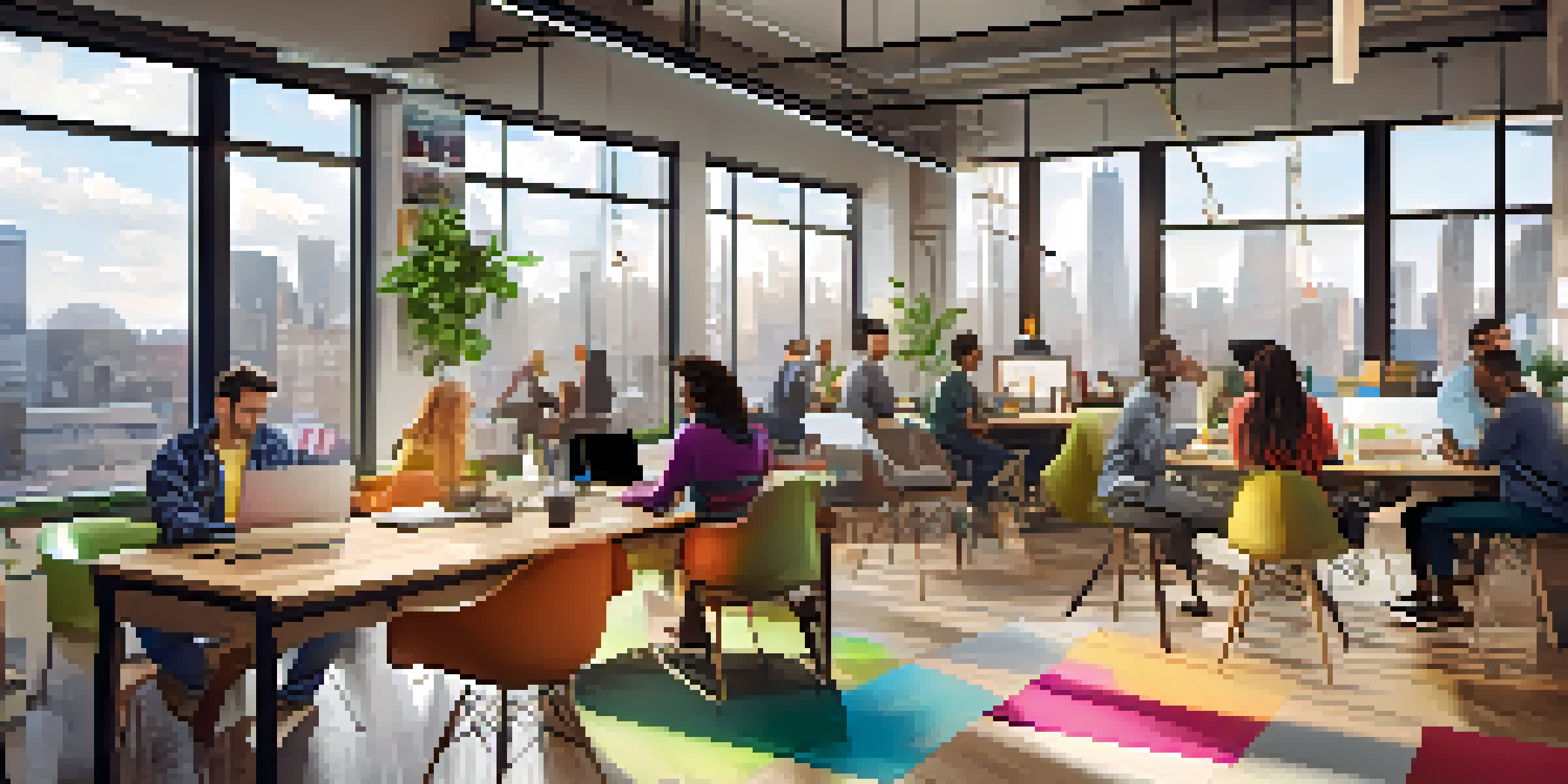 A bright co-working space with diverse individuals collaborating and working on laptops, surrounded by modern furniture and large windows overlooking the city.