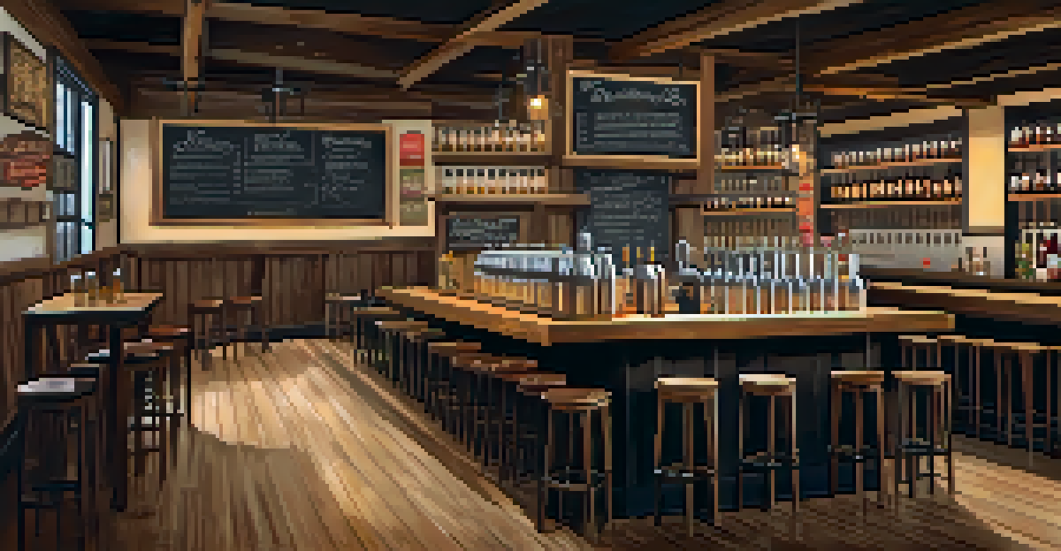 The cozy interior of a brewery with wooden tables, shelves of craft beers, and patrons enjoying drinks under warm lighting.