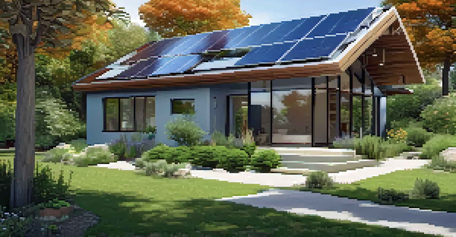 An eco-friendly house with solar panels and a garden, surrounded by trees and a blue sky.