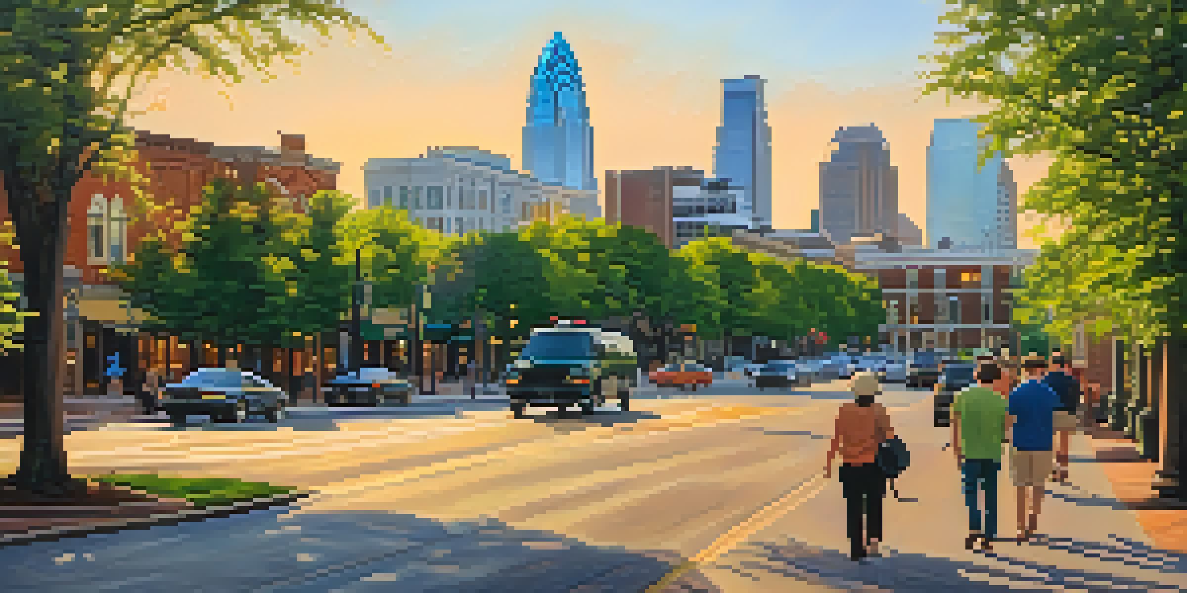 A colorful city scene of Charlotte, featuring both historic buildings and modern skyscrapers during sunset, with trees and people in the streets.