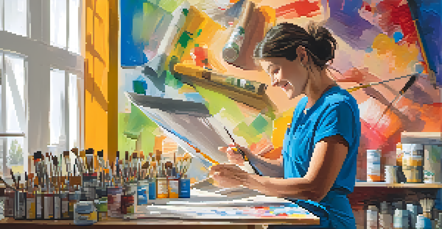 A community theater volunteer painting a backdrop, surrounded by art supplies and a lit workspace.