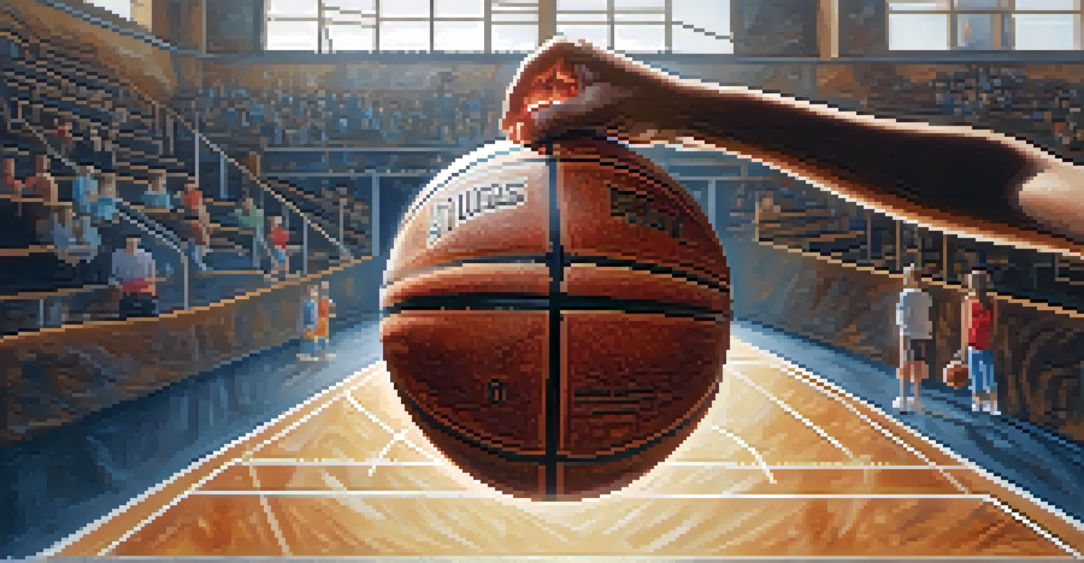 Close-up of a young athlete's hands gripping a basketball in a gym, with sunlight filtering through the windows.