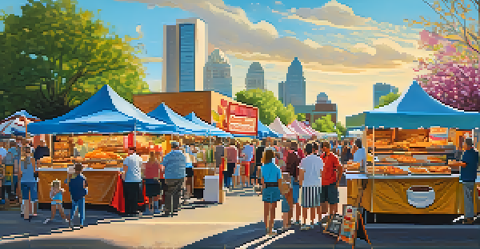 A lively outdoor food festival in Charlotte with diverse food booths, people enjoying food, and colorful decorations under a bright sun.
